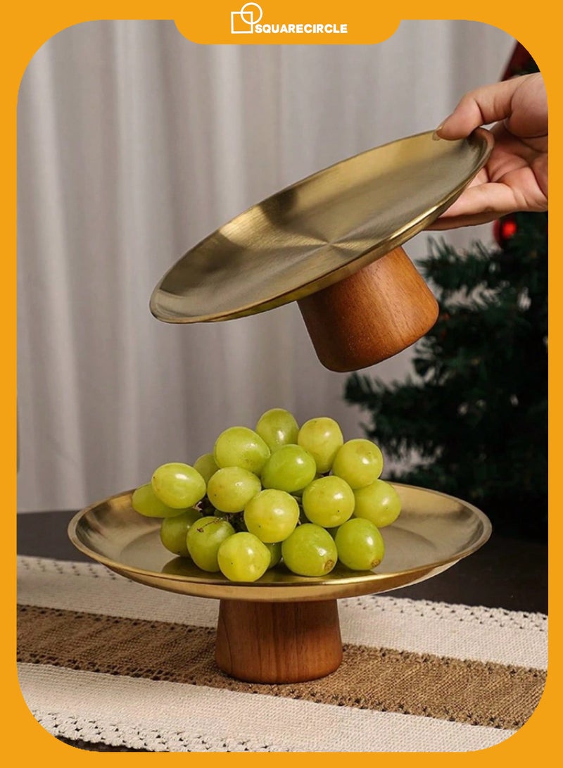 دائرة مربعة طقم حامل فواكه وكيك من قطعتين من الستانلس ستيل مع قاعدة خشبية، صحن تقديم ذهبي فاخر، سهل التركيب مع لاصق تثبيت، مناسب لرمضان والضيافة - Image 1